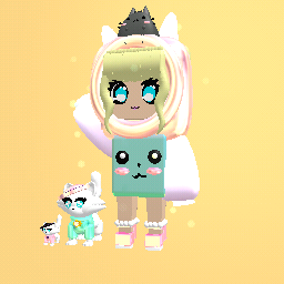 Cute girl with 2 kittens and pusheen on head