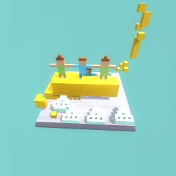 The three people on a yellow stage