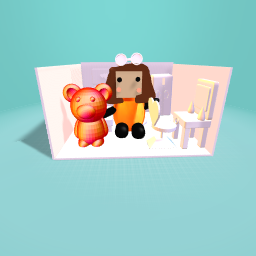 Little girl in room with stuffed animal.