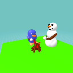 A snowman and a penguin roasting marshmellows