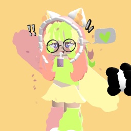 Girl holding panda in a pink green and yellow suit