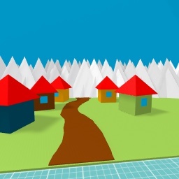 Houses, mountains and path