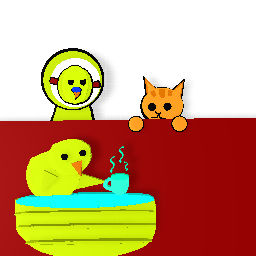 bird in a pool drinking tea with me and a cat