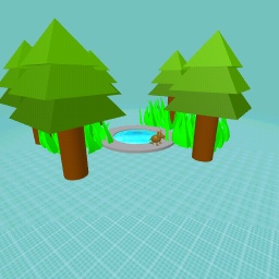 a forest with a little puppy on the road of the water