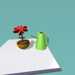 red flower with watering can