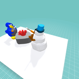 Snowman Roasting Marshmellows with a Penguin