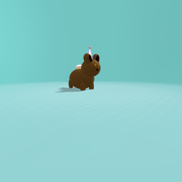 A puppy caring a donut while wearing a party hat