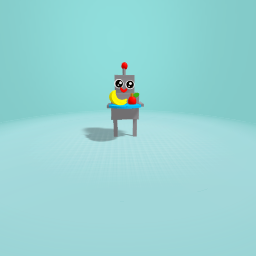 A robot with a plate serving a banana and apple